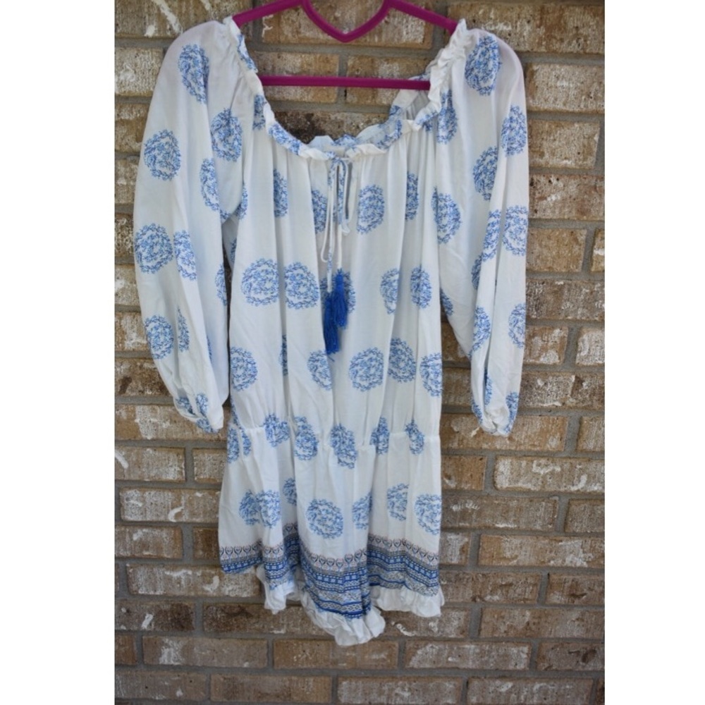 Surf Gypsy Off the Shoulder Blue & White Romper
